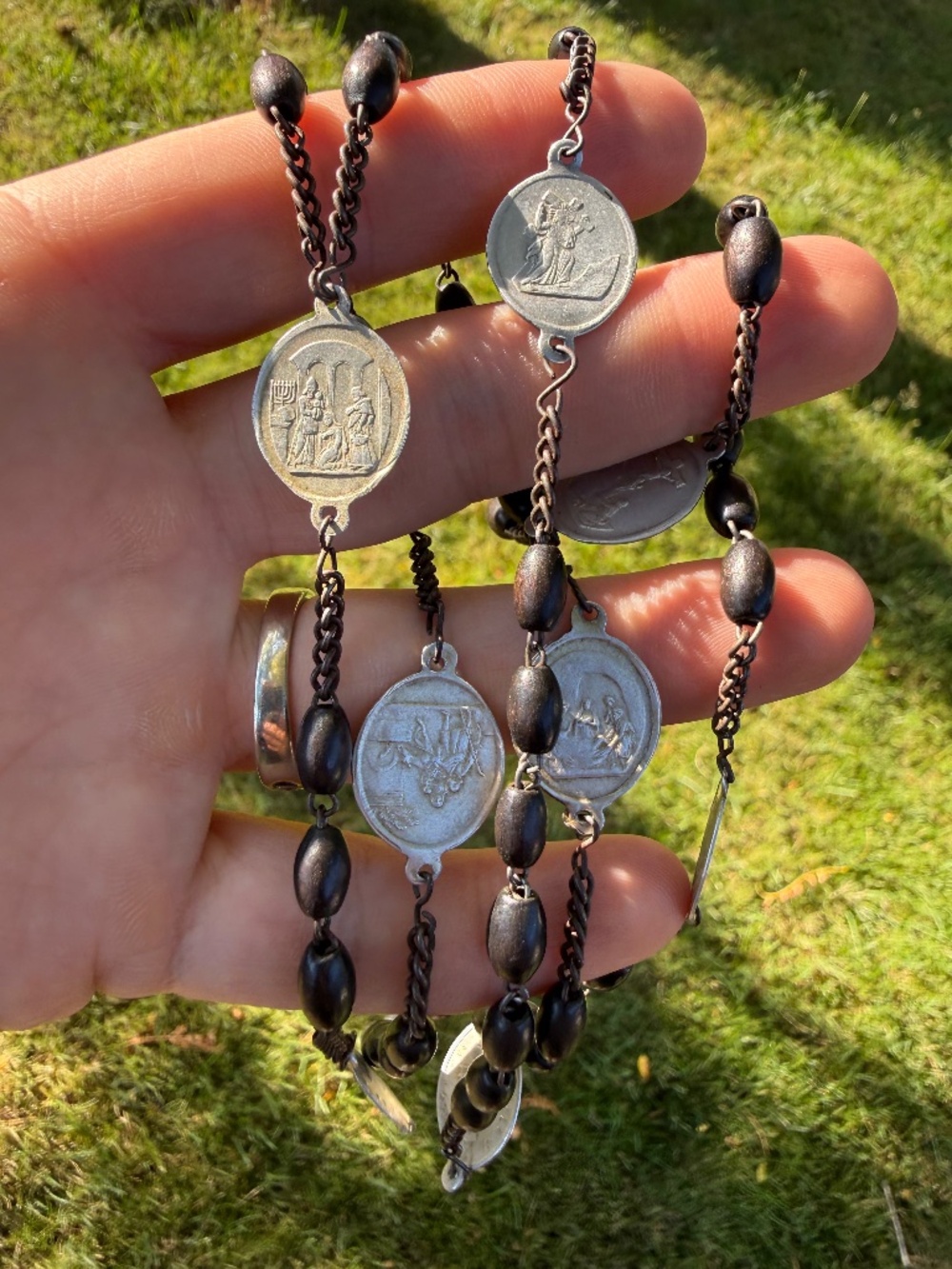 Antique 1800s Dolores Catholic Rosary 7 Sorrows Brown Beads Jesus Mary Medal.